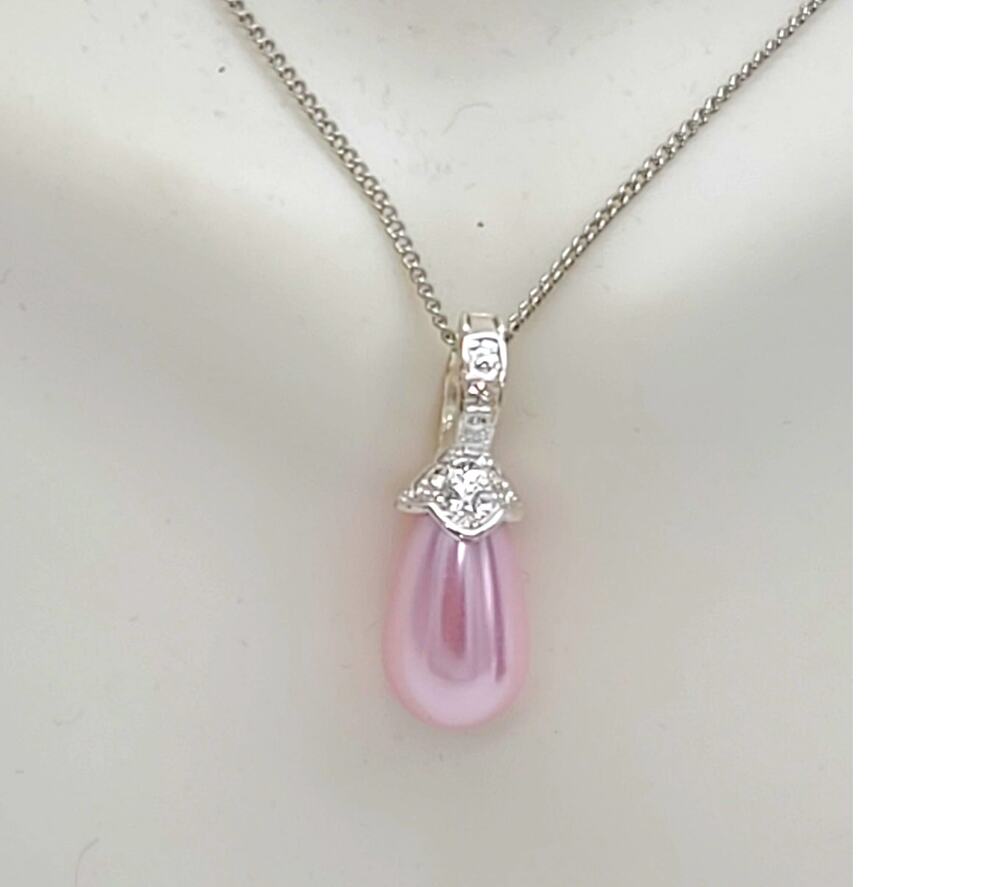 VTG Roman Brand Pink MOP Teardrop Pendant Necklace Australian Crystals Chain